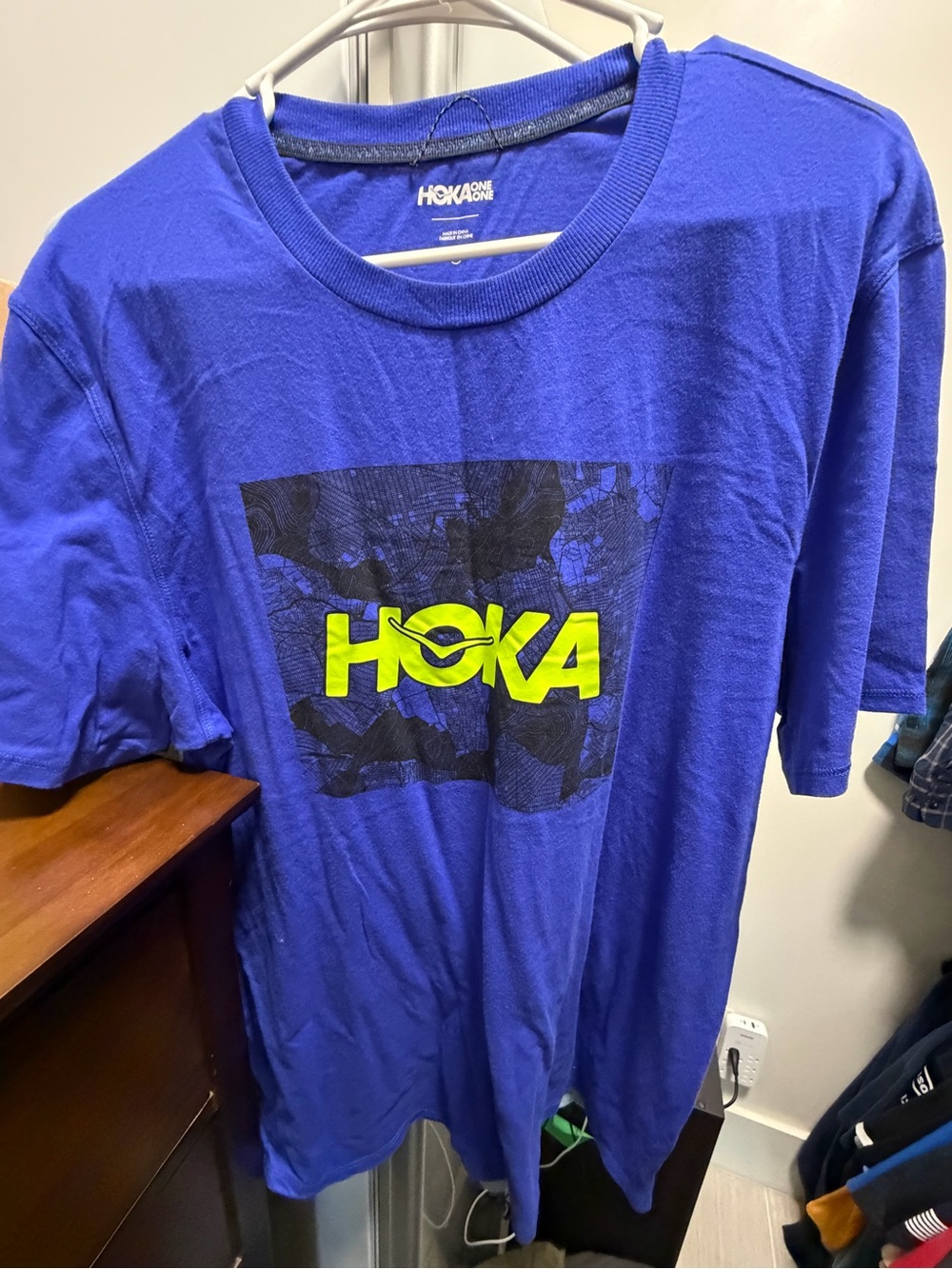 Hoka One One Royal Blue Short Sleeve Tee with Neon Yellow Logo